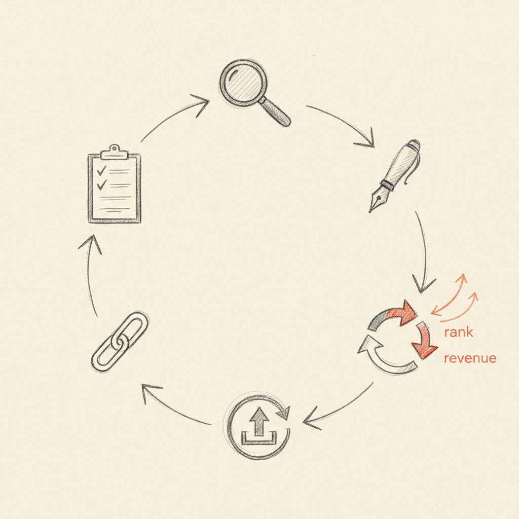 The full SEO loop: research, brief, write, link, publish, refresh, feeding rankings and revenue back to the start