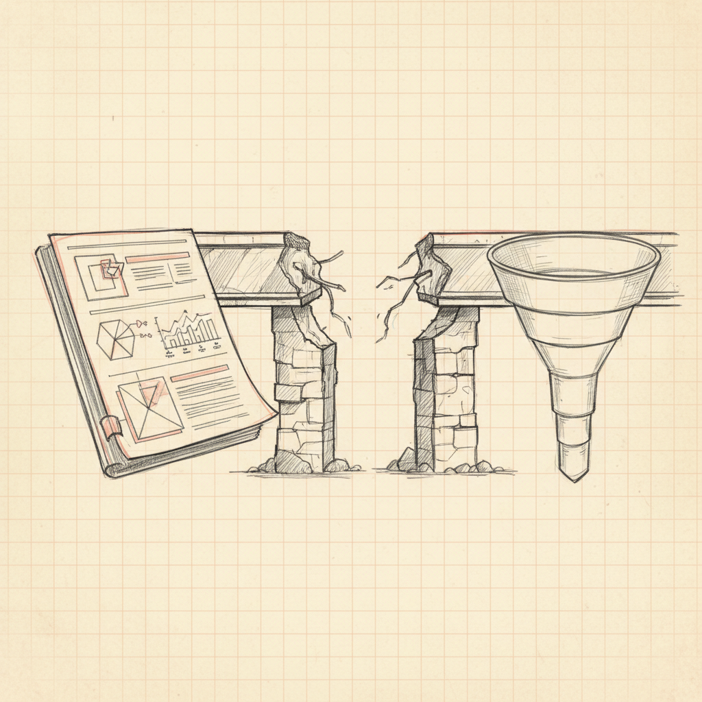 The plan-to-pipeline gap where GTM frameworks stall, hand-drawn sketch
