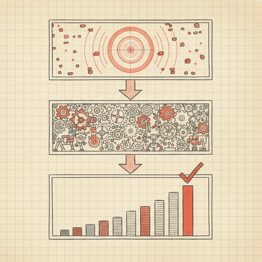 Signal to agent to revenue loop, three layers, hand-drawn sketch