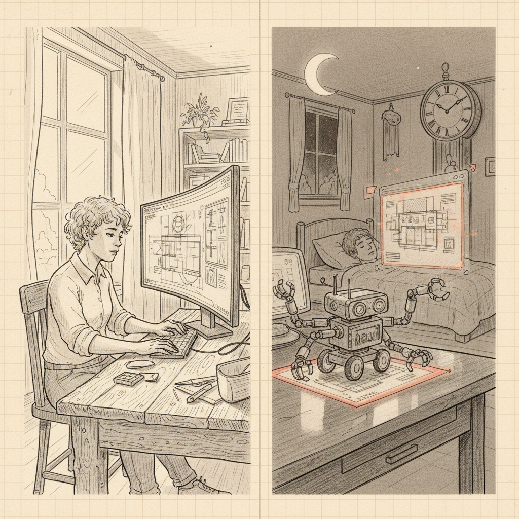 Desk-synchronous Claude vs always-on background Hermes, hand-drawn sketch