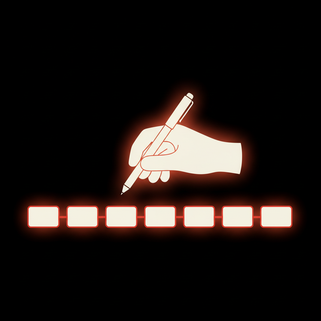A pen over a seven-step content loop with operator gaps