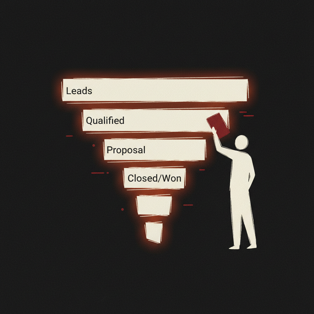 Sales pipeline funnel with a small figure doing manual work