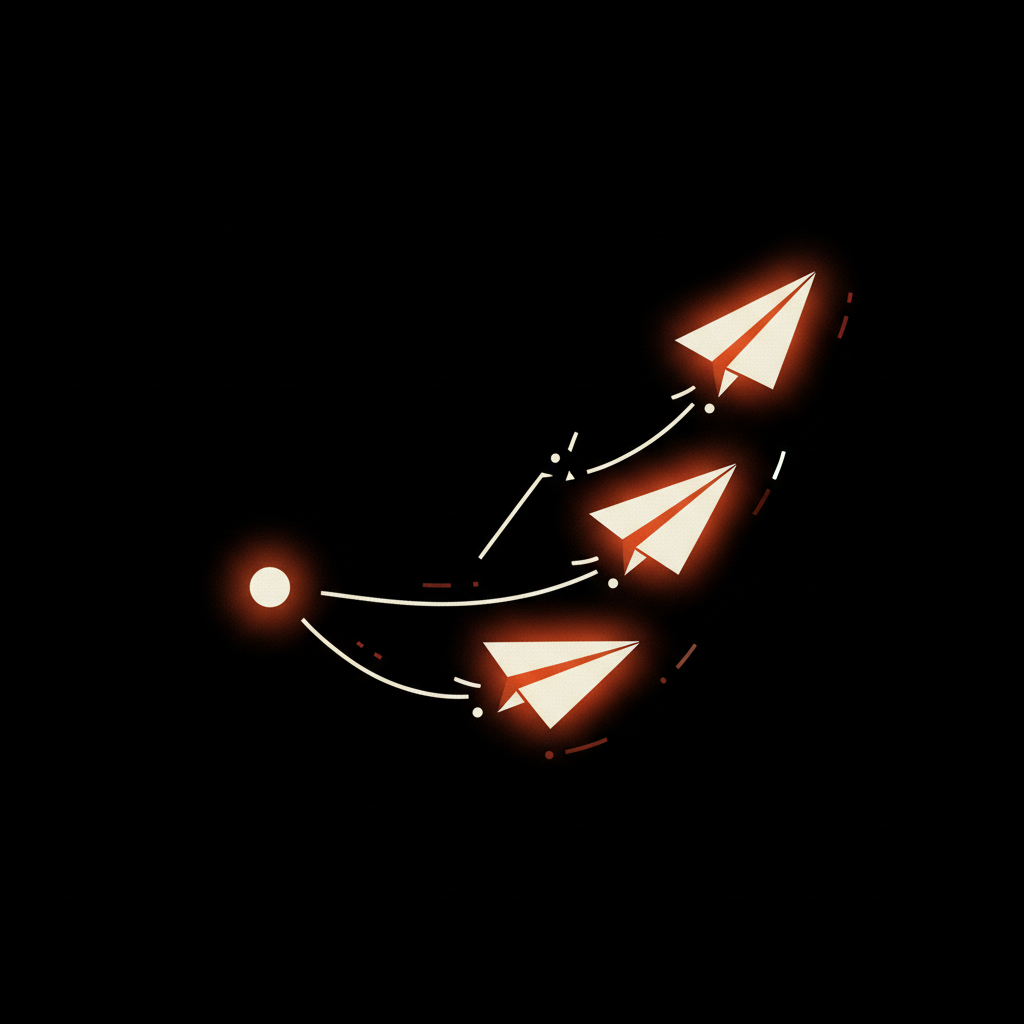 Paper planes departing a node, an email-send motif