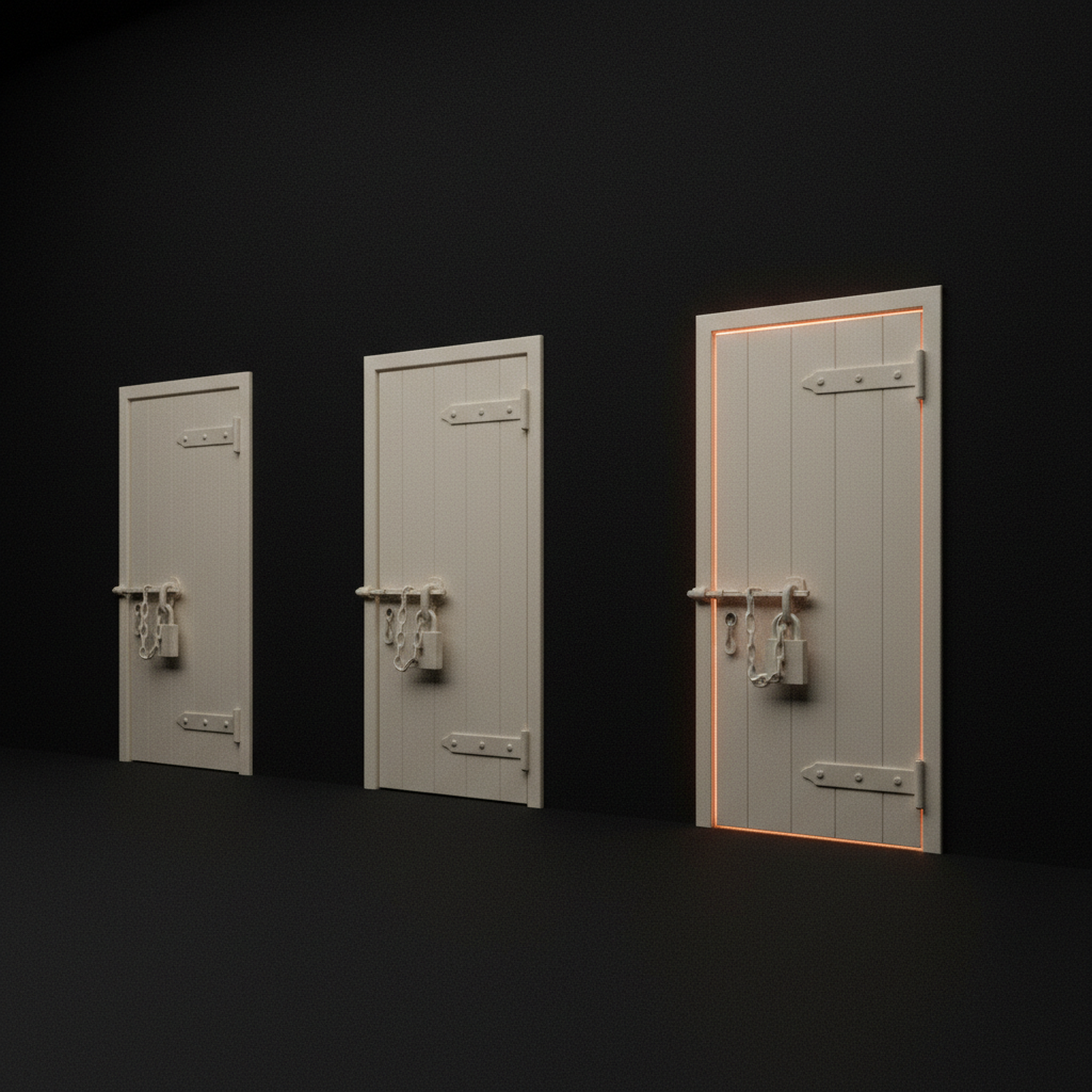 Three locked doors of increasing size representing feature gating across tiers